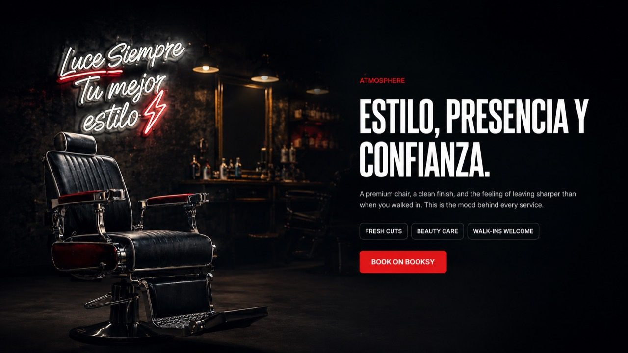 Silla de barbería con letrero de neón Luce Siempre Tu Mejor Estilo
