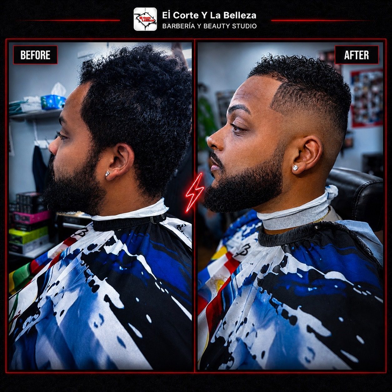 Antes y despues de corte y barba realizado por Manny